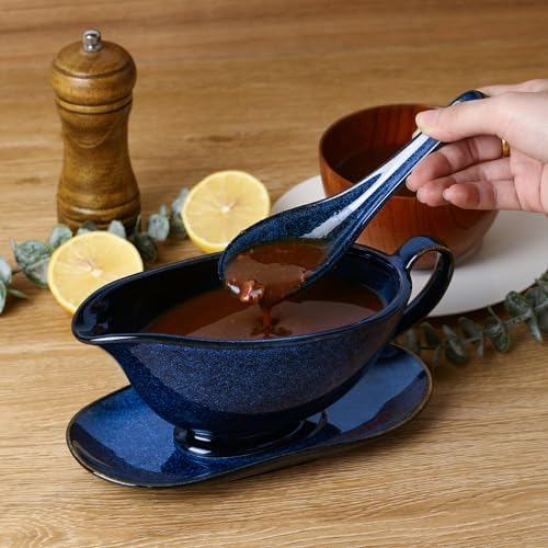 Vicrays Gravy Boat with Saucer - Large 17oz Ceramic Sauce Boat with Tray Set of 2 for Turkey Salad Dressings Creamer Milk Broth - Thanksgiving Christmas Holiday Serving Dishes - Blue