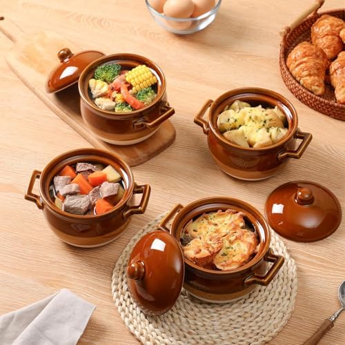 vicrays French Onion Soup Bowls with Lids and Handles, 18 Ounce for Soup, Beef Stew, Chili, Chip Resistant, Dishwasher Microwave Safe, Set of 4 (Brown)