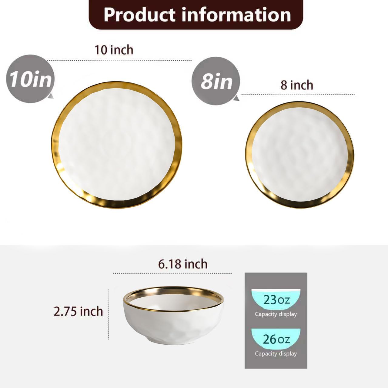 Vicrays 12-Piece Ceramic Dinnerware Set, Dinner Plates, Salad Plates &amp; Cereal Bowls, Dish Set for 4, Microwave, Oven &amp; Dishwasher Safe, Scratch Resistant, White with Golden