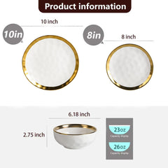 Vicrays 12-Piece Ceramic Dinnerware Set, Dinner Plates, Salad Plates &amp; Cereal Bowls, Dish Set for 4, Microwave, Oven &amp; Dishwasher Safe, Scratch Resistant, White with Golden