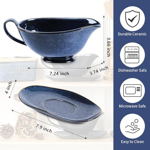 Vicrays Gravy Boat with Saucer - Large 17oz Ceramic Sauce Boat with Tray Set of 2 for Turkey Salad Dressings Creamer Milk Broth - Thanksgiving Christmas Holiday Serving Dishes - Blue