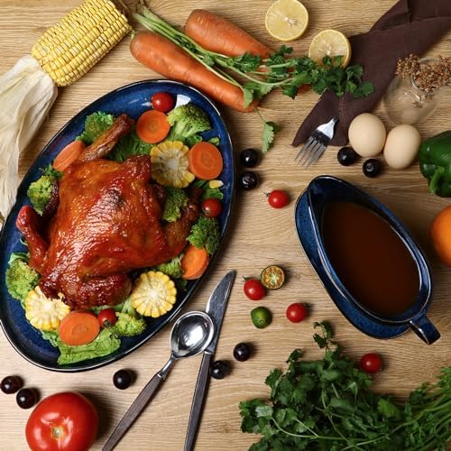 Vicrays Gravy Boat with Saucer - Large 17oz Ceramic Sauce Boat with Tray Set of 2 for Turkey Salad Dressings Creamer Milk Broth - Thanksgiving Christmas Holiday Serving Dishes - Blue