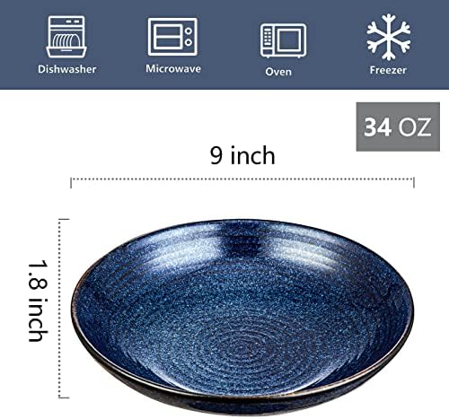 vicrays Ceramic Pasta Bowls Set, 34 Ounce Large Ripple Salad Bowls, Wide and Shallow, Chip Resistant, Dishwasher Microwave Safe, stoneware Bowls for Kitchen, Serving Bowls, Set of 4 (Blue)