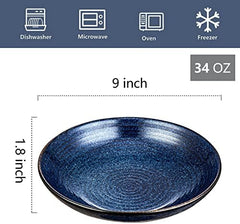 vicrays Ceramic Pasta Bowls Set, 34 Ounce Large Ripple Salad Bowls, Wide and Shallow, Chip Resistant, Dishwasher Microwave Safe, stoneware Bowls for Kitchen, Serving Bowls, Set of 4 (Blue)