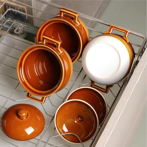 vicrays French Onion Soup Bowls with Lids and Handles, 18 Ounce for Soup, Beef Stew, Chili, Chip Resistant, Dishwasher Microwave Safe, Set of 4 (Brown)