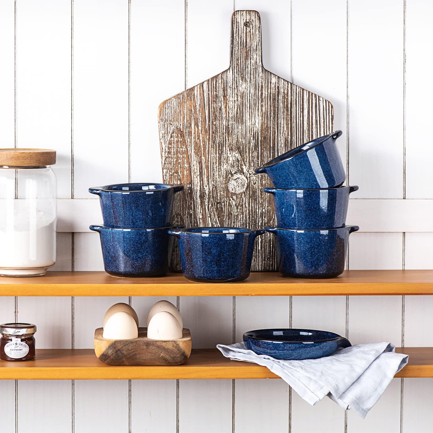 Creme Brulee Ramekins Ceramic Bowls - VICRAYS Mini Custard Cups 6 oz oven Safe Bowls Souffle Dishes for Baking Individual Casserole Dipping Sauce Pioneer Woman Bakeware Set of 6, Blue