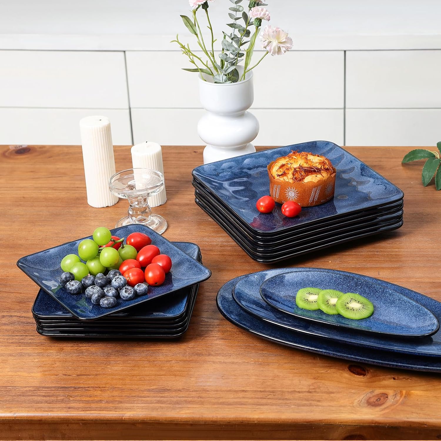 vicrays Ceramic Square Plates Set of 6 - Porcelain 8 inch Dinner Plates for Salad Dessert Appetizer Bread - Microwave Oven and Dishwasher Safe - Blue