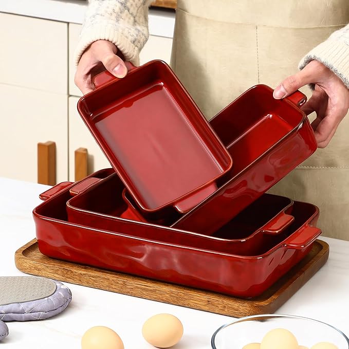 VICRAYS Ceramic Bakeware Set, Porcelain Rectangular Lasagna Pans Casserole Dish Set for Baking, Cooking, Kitchen, Cake Dinner, Banquet and Daily Use, 4 PCS, Cherry Red(9.52"/11.06"/11.77"/14.56")