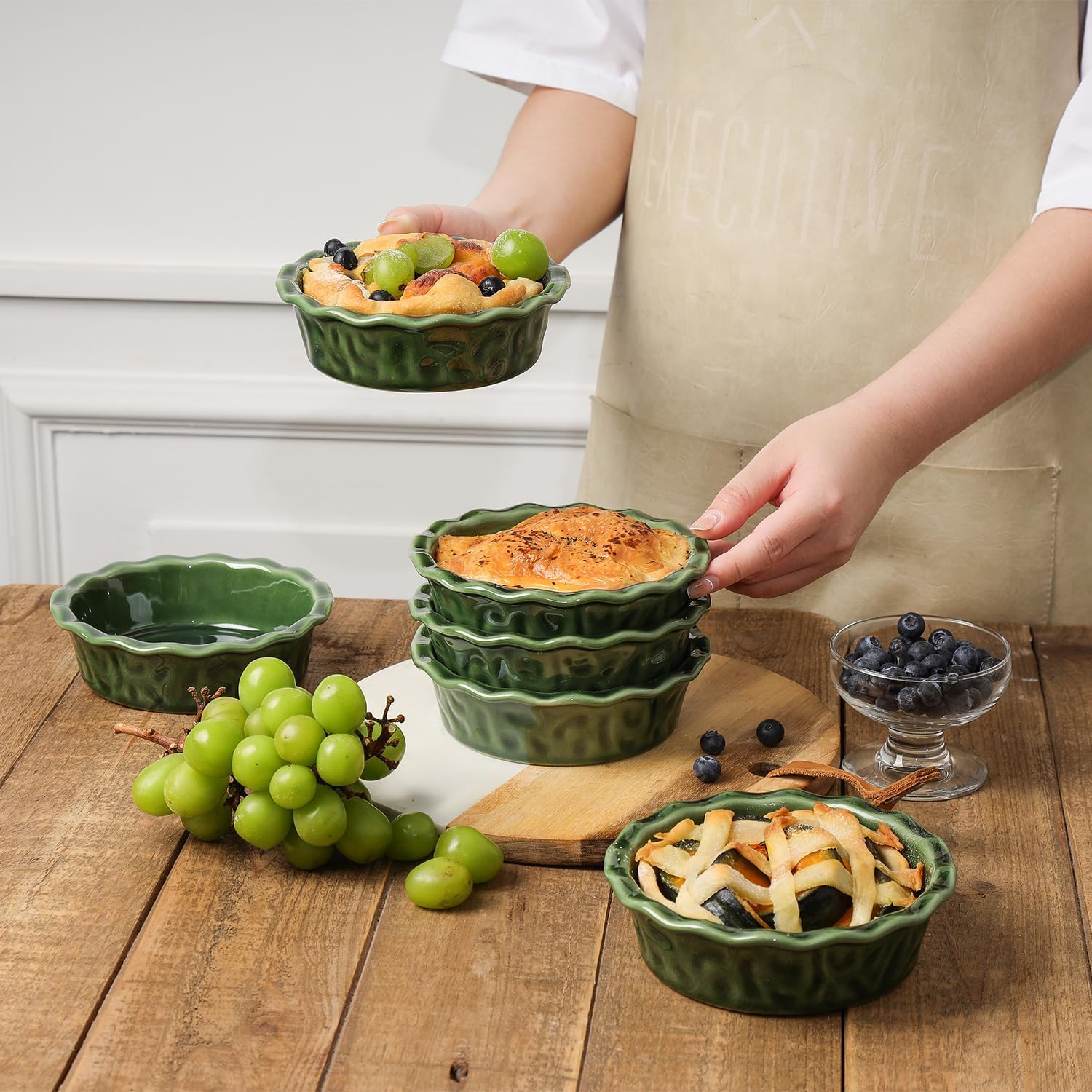 Vicrays Ceramic Pie Pan for Baking - 5.5 inch Small Pie Plates Deep Dish Round Pot Casserole Mini Serving Bowl, Microwave Oven Safe for Dessert Apple Pie Cake Tart Pizza, Set of 6 - Green