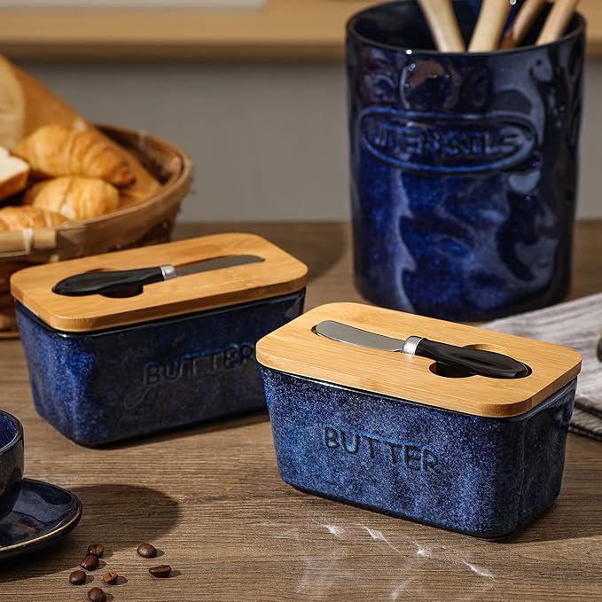 Keramik-Butterdose – Vicrays Porzellan luftdichter Deckel Butterbehälter mit Messer für die Arbeitsplatte – Großer Buttertopf für Butter von der West-
