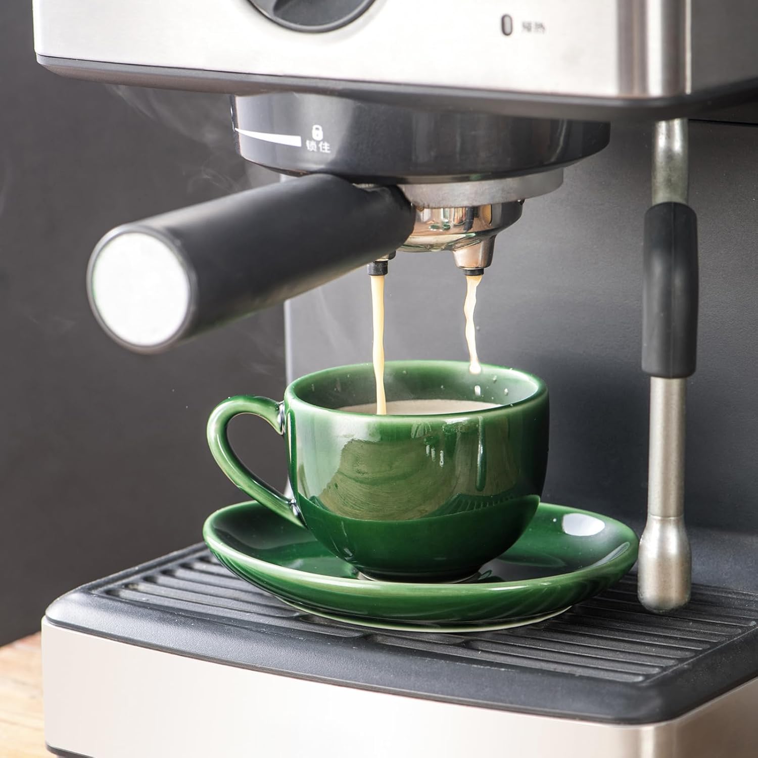 vicrays Ceramic Espresso Coffee Cups - 4 oz Porcelain Espresso Cups Set with Saucers Spoons and Metal Stand for Tea Cafe Cappuccino Latte - Set of 6 - Green