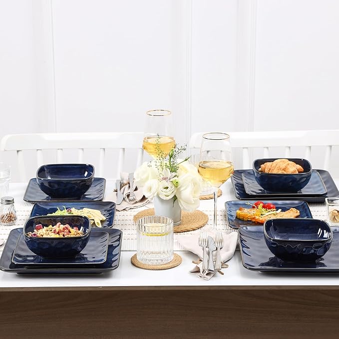 vicrays Ceramic Square Bowls Set - 24 Ounce Soup Dessert Snack Bowls, Stoneware Fluted Bowls Set for Kitchen, Serving, Chip Resistant, Dishwasher Microwave Safe, Set of 6 (Starry Blue)
