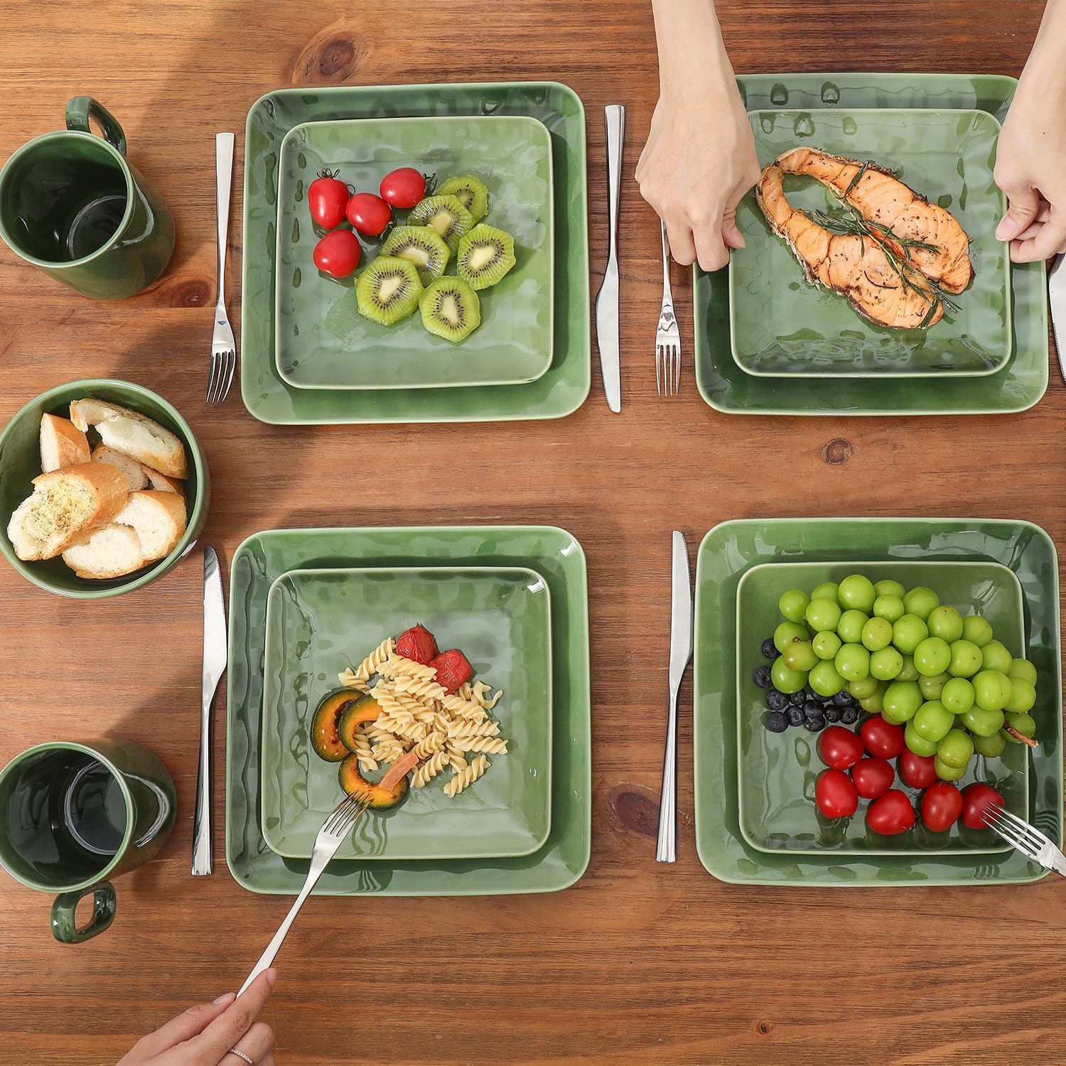 vicrays Keramik-Quadratische Teller, 6er-Set - Porzellan 20,3 cm Essteller für Salat, Dessert, Vorspeise, Brot - Mikrowellen- und Spülmaschinenfest - Grün