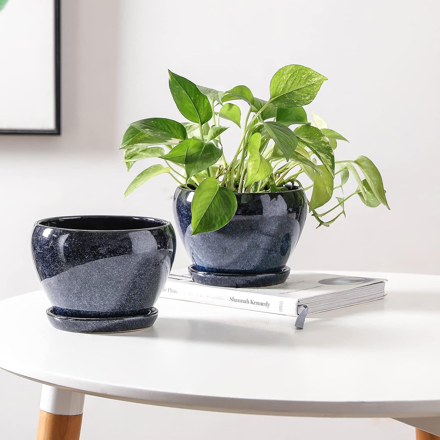 vicrays Ceramic Plant Pots Indoor - 6.5 Inch Planter Pot with Drainage Hole and Saucer for Succulent Orchid Flower Herbs Cactus - Ideal for Gardening Home Desktop Office Decor - Blue