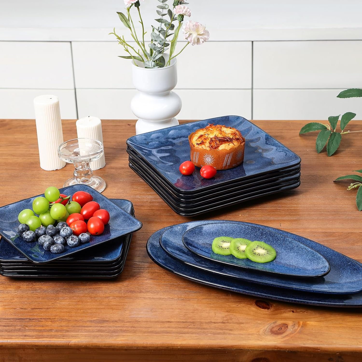 vicrays Ceramic Square Plates Set of 6 - Large Porcelain 10 inch Dinner Plates for Steak Pasta Pizza - Microwave Oven and Dishwasher Safe - Blue