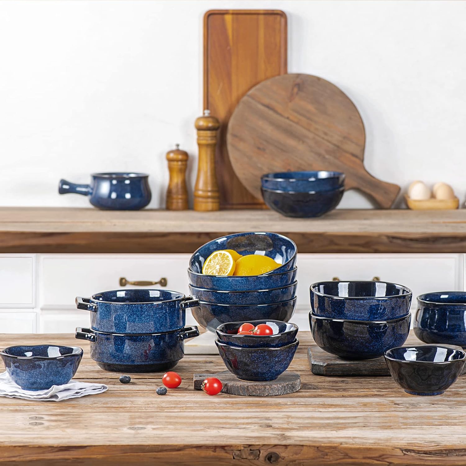 vicrays Ceramic Cereal Bowls - 26 Ounce Porcelain Soup Salad Rice Dessert Cream Set - Chip Resistant Dishwasher Microwave Safe - Set of 6 (Blue)