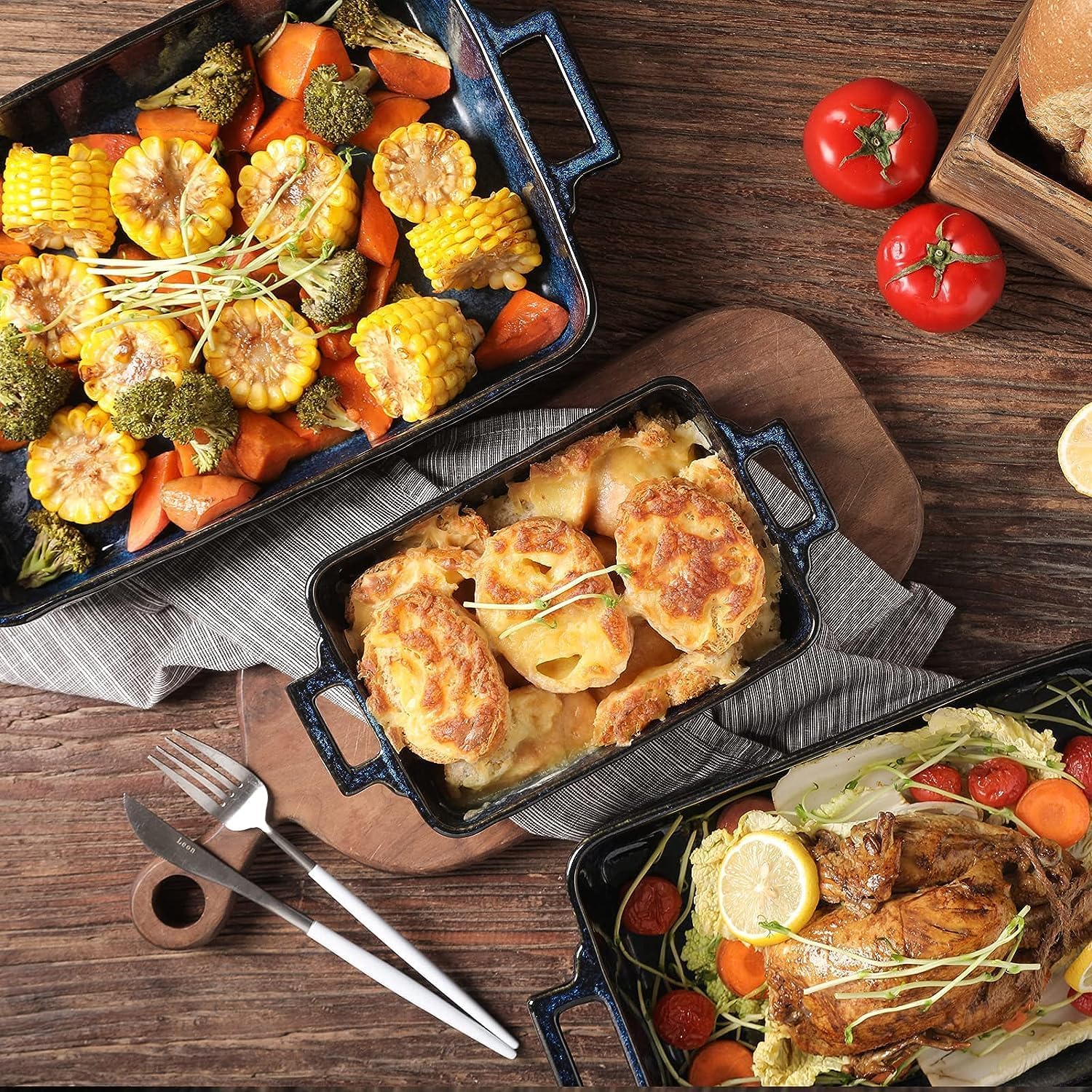 VICRAYS Keramik-Backformen-Set, rechteckige Lasagneformen aus Porzellan, Auflaufform-Set zum Backen, Kochen, für Küche, Kuchen, Abendessen, Bankett und täglichen Gebrauch, 3 Stück, 38 x 21,5 cm (Blau)