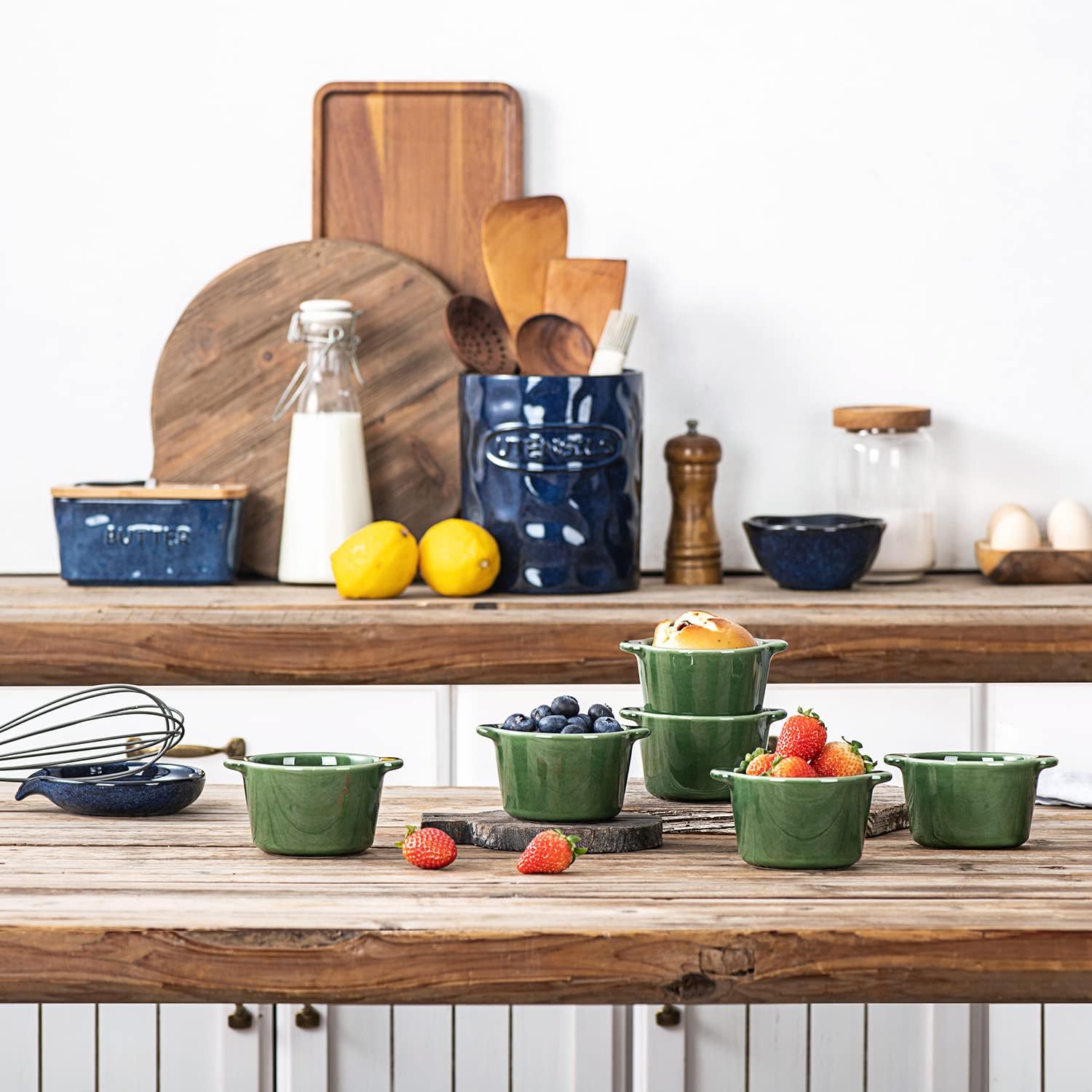 Creme Brulee Ramekins Ceramic Bowls - VICRAYS Mini Custard Cups 8 oz oven Safe Bowls Souffle Dishes for Baking Individual Casserole Dipping Sauce Pioneer Woman Bakeware Set of 6, Green