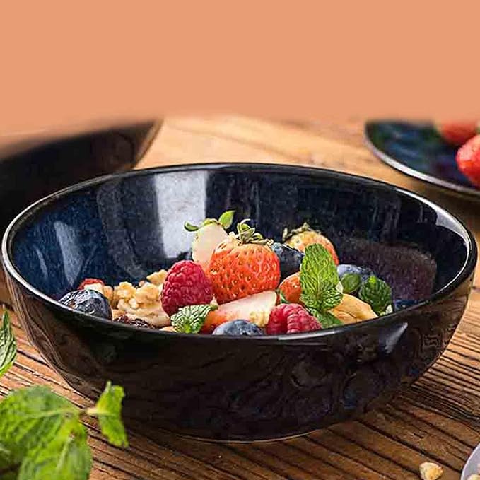 vicrays Ceramic Salad Bowls Set for Kitchen, Serving - 32 Ounce Soup Bowls, Pasta Bowls, Chip Resistant, Dishwasher Microwave Safe, Large, Fluted, stoneware, Set of 4 (Blue)