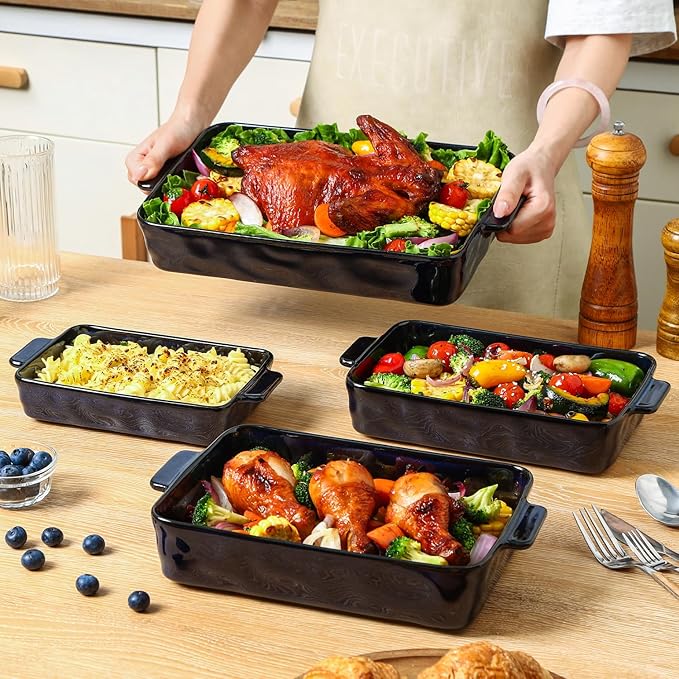 VICRAYS Keramik-Backformen-Set, rechteckige Lasagneformen aus Porzellan, Auflaufform-Set zum Backen, Kochen, für die Küche, Kuchen, Abendessen, Bankett und den täglichen Gebrauch, 4-teilig, Blau (24,2 cm/28,1 cm/29,9 cm/37 cm)