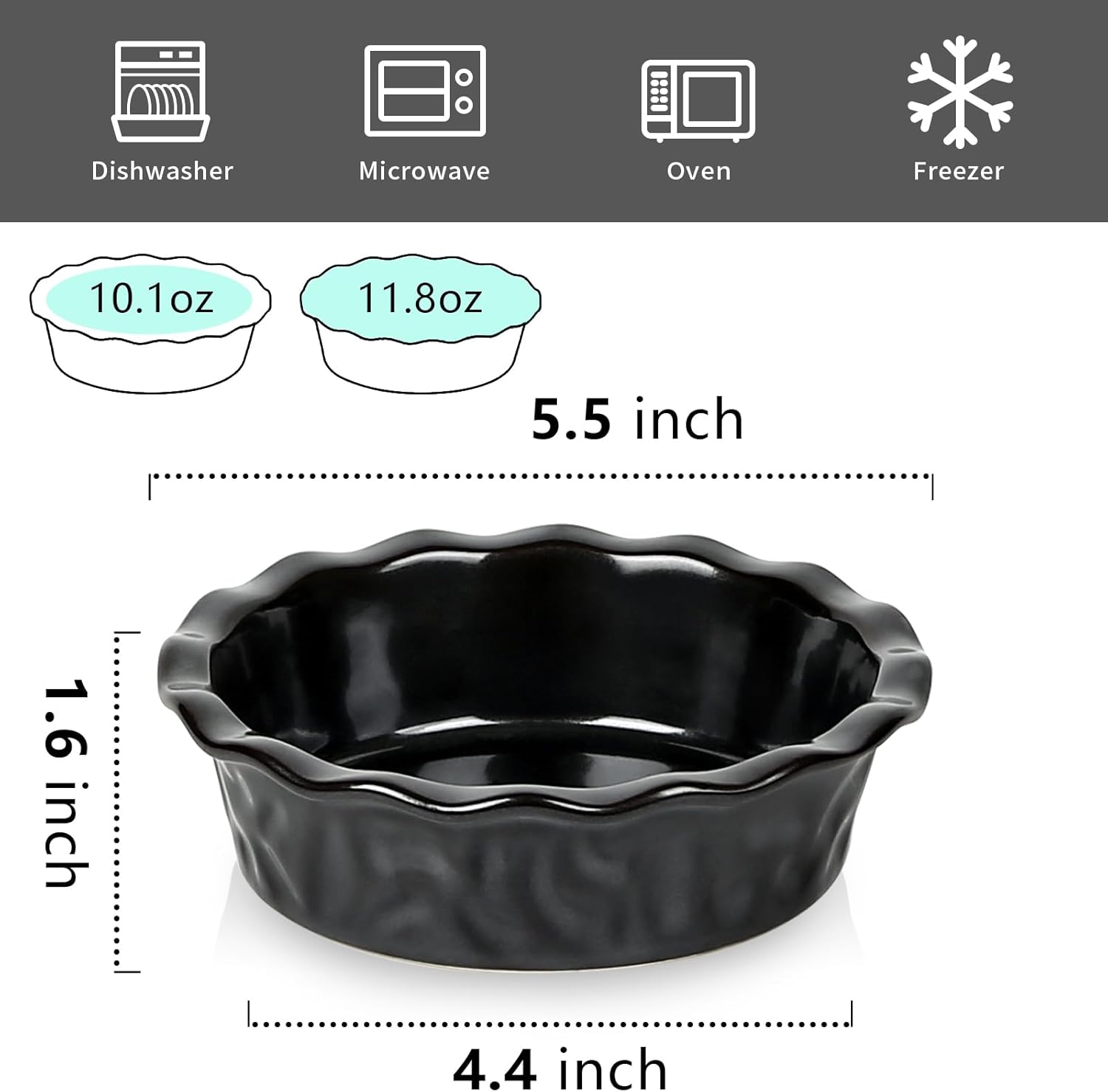 Vicrays Ceramic Pie Pan for Baking - 5.5 inch Small Pie Plates Deep Dish Round Pot Casserole Mini Serving Bowl - Microwave Oven Safe for Dessert Apple Pie Cake Tart Pizza Set of 6 - Black