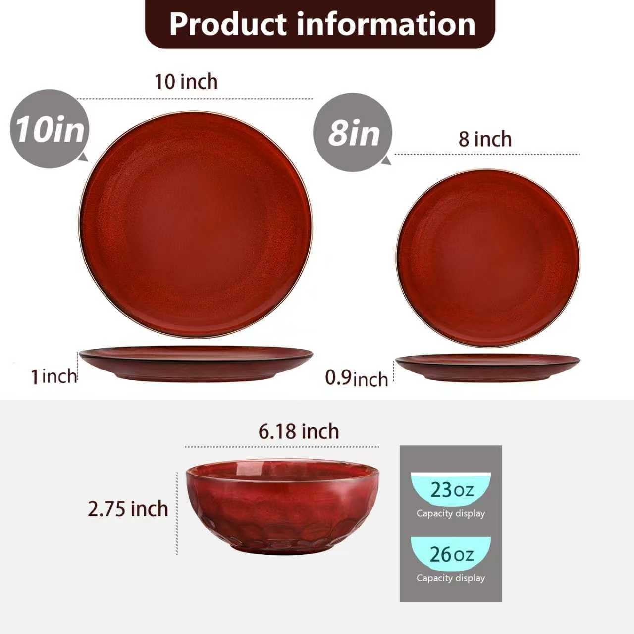 Vicrays 12-Piece Ceramic Dinnerware Set, Dinner Plates, Salad Plates &amp; Cereal Bowls, Dish Set for 4, Microwave, Oven &amp; Dishwasher Safe, Scratch Resistant, Cherry Red