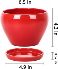 vicrays Ceramic Plant Pots Indoor - 6.5 Inch Planter Pot with Drainage Hole and Saucer for Succulent Orchid Flower Herbs Cactus - Ideal for Gardening Home Desktop Office Decor - Red