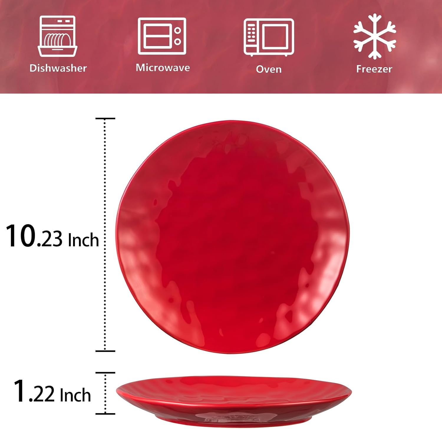 vicrays Ceramic Dinner Plates Set, 10 Inch, Microwave, Oven, Dishwasher Safe, Round, Porcelain Fluted Suitable for Steak, Pasta, Pizza, Home, Restaurant - Set of 6 Red