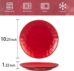 vicrays Ceramic Dinner Plates Set, 10 Inch, Microwave, Oven, Dishwasher Safe, Round, Porcelain Fluted Suitable for Steak, Pasta, Pizza, Home, Restaurant - Set of 6 Red