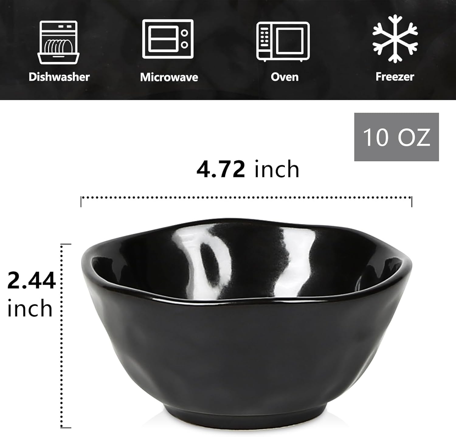vicrays Ceramic Small Dessert Bowls Set - 10 oz, Set of 6, Microwave, Oven and Dishwasher Safe, for Rice, Ice Cream, Soup, Snacks, Cereal, Chili, Side Dishes etc, Kitchen Bowls Set, Black