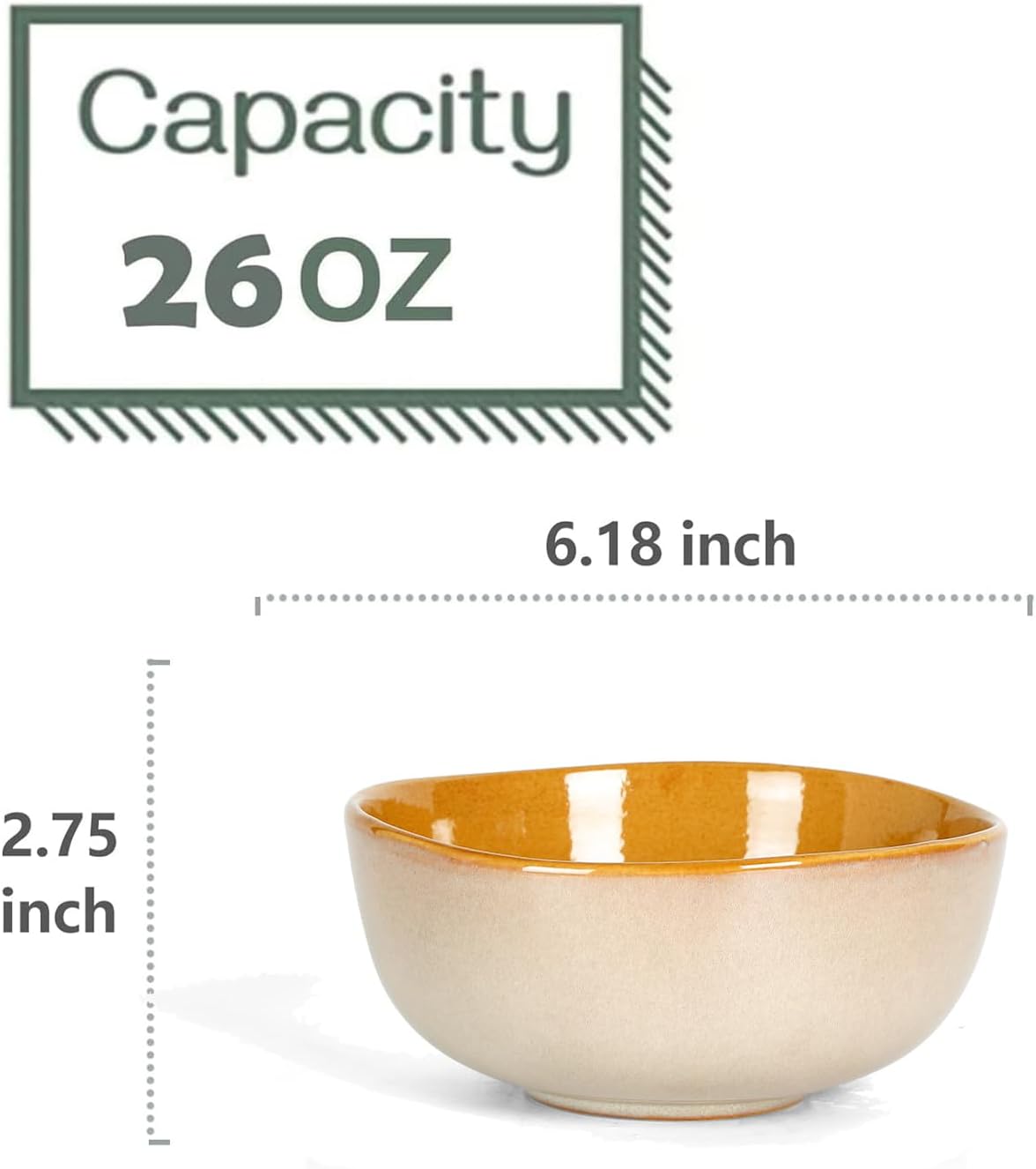 vicrays Ceramic Cereal Bowls Set - Porcelain 26 Ounce Soup Salad Bowls - Rice Dessert Cream Bowls Set - Chip Resistant Dishwasher Microwave Safe - Set of 6 (Beige)