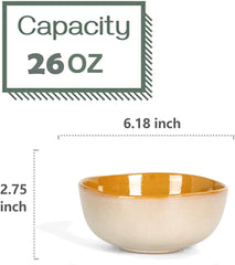vicrays Ceramic Cereal Bowls Set - Porcelain 26 Ounce Soup Salad Bowls - Rice Dessert Cream Bowls Set - Chip Resistant Dishwasher Microwave Safe - Set of 6 (Beige)