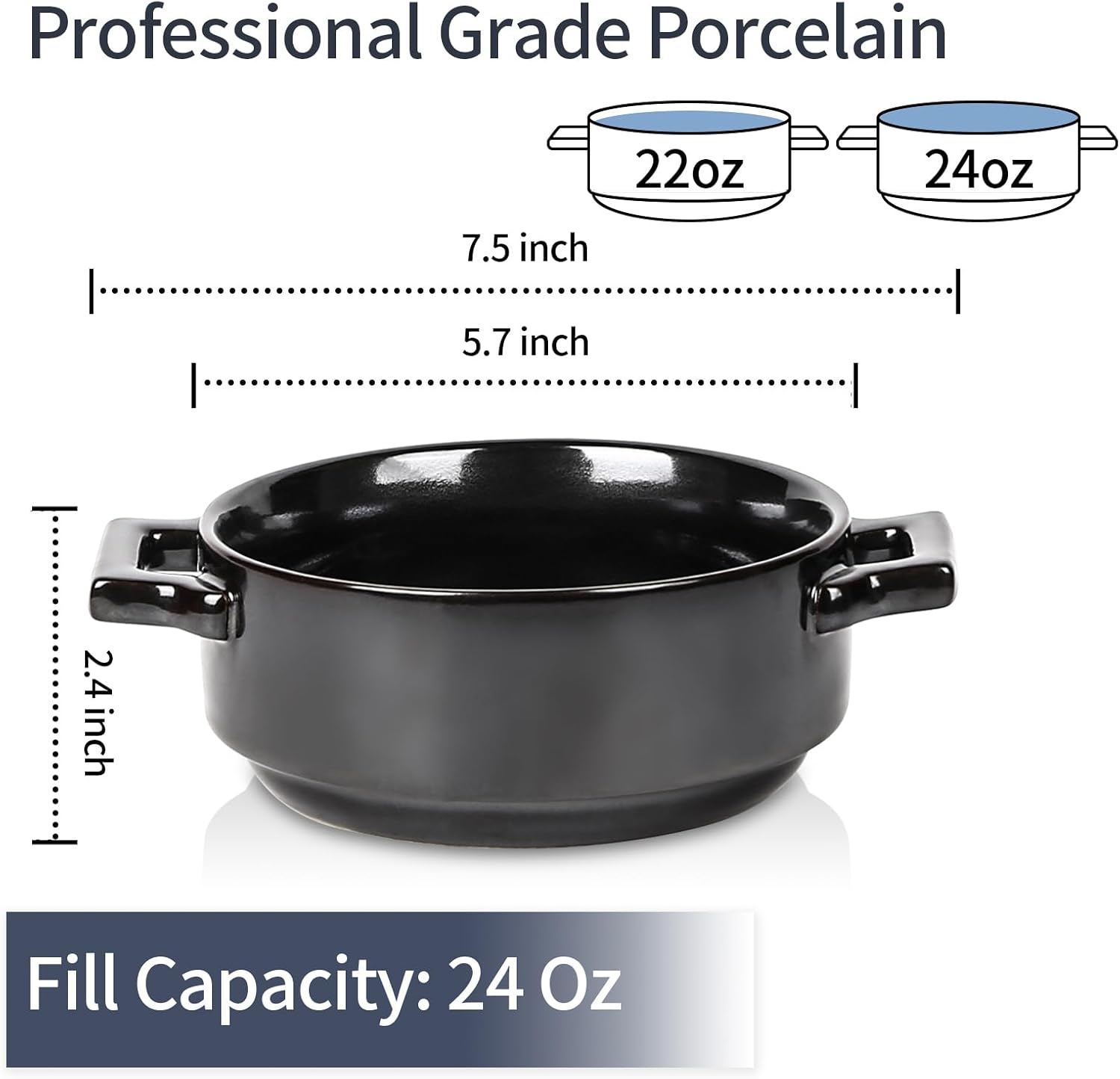 vicrays Ceramic Soup Bowls with Handles, 24 Oz Porcelain Soup Crocks for French Onion Soup, Cereal, Beef Stew, Chill, Pasta, Pot Pies, Microwave and Oven Safe, Set of 4 (Black)