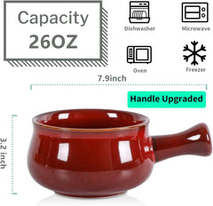 vicrays French Onion Soup Bowls With Handles, 26 Ounce for Soup, Chili, Beef Stew, Chip Resistant, Dishwasher Microwave Safe, Set of 4 (Cherry Red)