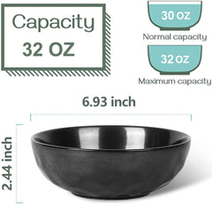 vicrays Ceramic Pasta Bowls Set, 32 Ounce Soup Bowls, Large Salad Bowls, Chip Resistant, Dishwasher Microwave Safe, Fluted stoneware Bowls for Kitchen, Serving Bowls - Set of 6 Black