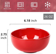vicrays Ceramic Cereal Bowls Set - Porcelain 26 Ounce Soup Salad Bowls Set - Rice Dessert Cream Bowls Set - Chip Resistant Dishwasher Microwave Safe - Set of 6 (Red)