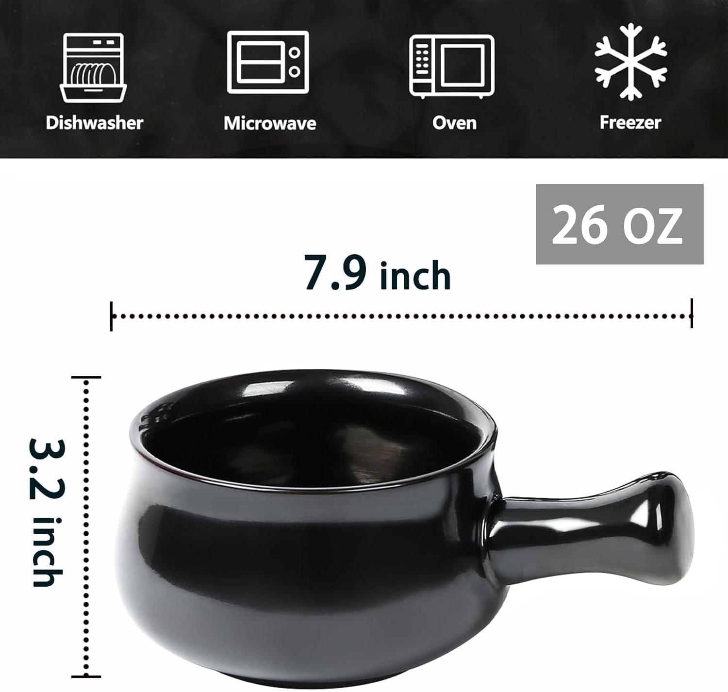 vicrays French Onion Soup Bowls With Handles, 26 Ounce for Soup, Chili, Beef Stew, Chip Resistant, Dishwasher Microwave Safe, Set of 4 (Black)