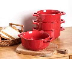 vicrays Ceramic Soup Bowls with Handles, 24 Oz Porcelain Soup Crocks for French Onion Soup, Cereal, Beef Stew, Chill, Pasta, Pot Pies, Microwave and Oven Safe, Set of 4 (Red)