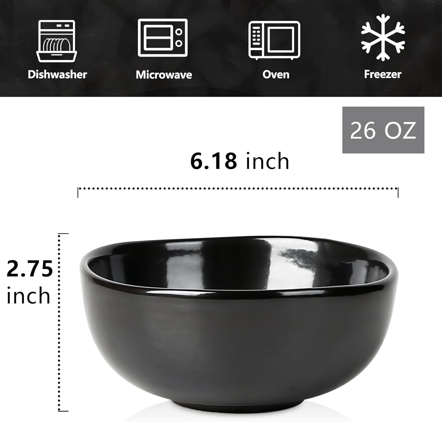 vicrays Ceramic Cereal Bowls Set - Porcelain 26 Ounce Soup Salad Bowls Set - Rice Dessert Cream Bowls Set - Chip Resistant Dishwasher Microwave Safe - Set of 6 (Black)