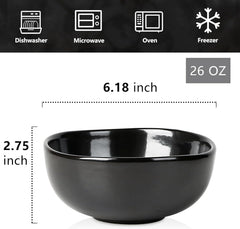 vicrays Ceramic Cereal Bowls Set - Porcelain 26 Ounce Soup Salad Bowls Set - Rice Dessert Cream Bowls Set - Chip Resistant Dishwasher Microwave Safe - Set of 6 (Black)