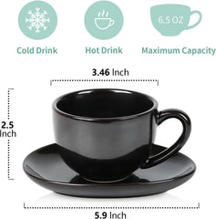 vicrays 6.5 oz Cappuccino Cups with Saucers, Set of 4, Ceramic Coffee Cup for Au Lait, Double shot, Latte, Cafe Mocha, Tea (Black)