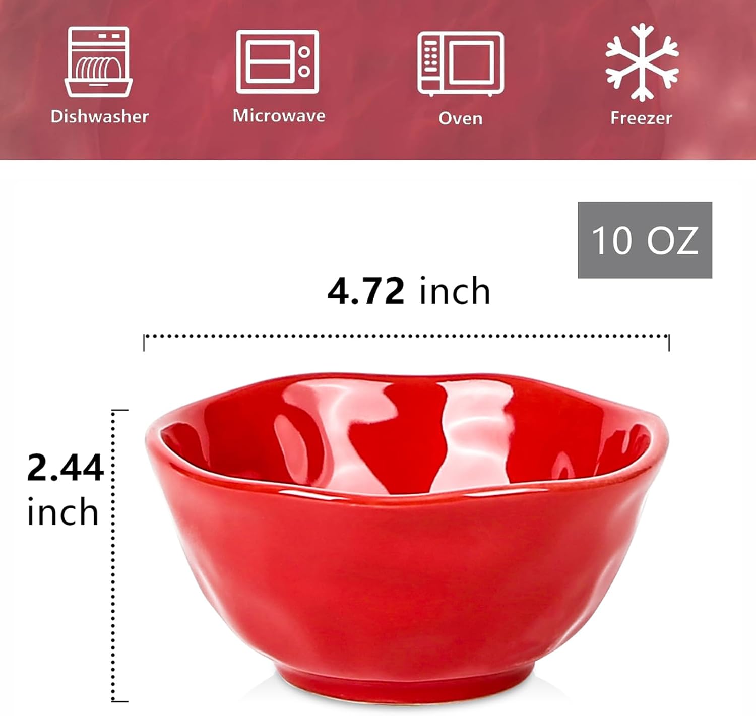 vicrays Ceramic Small Dessert Bowls Set - 10 oz, Set of 6, for Rice, Ice Cream, Soup, Snacks, Cereal, Chili, Side Dishes, Microwave, Oven and Dishwasher Safe, Kitchen Bowls Set, Red