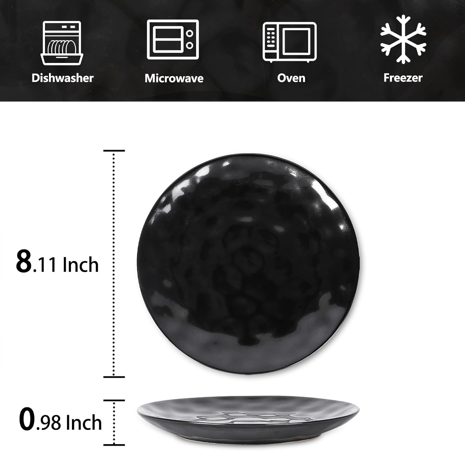 vicrays Ceramic Dessert Salad Plates, 8 Inch, Microwave, Oven, and Dishwasher Safe, Round, Porcelain Fluted Suitable for Snacks, Appetizer, Home, Party, Restaurant - Set of 6 Black