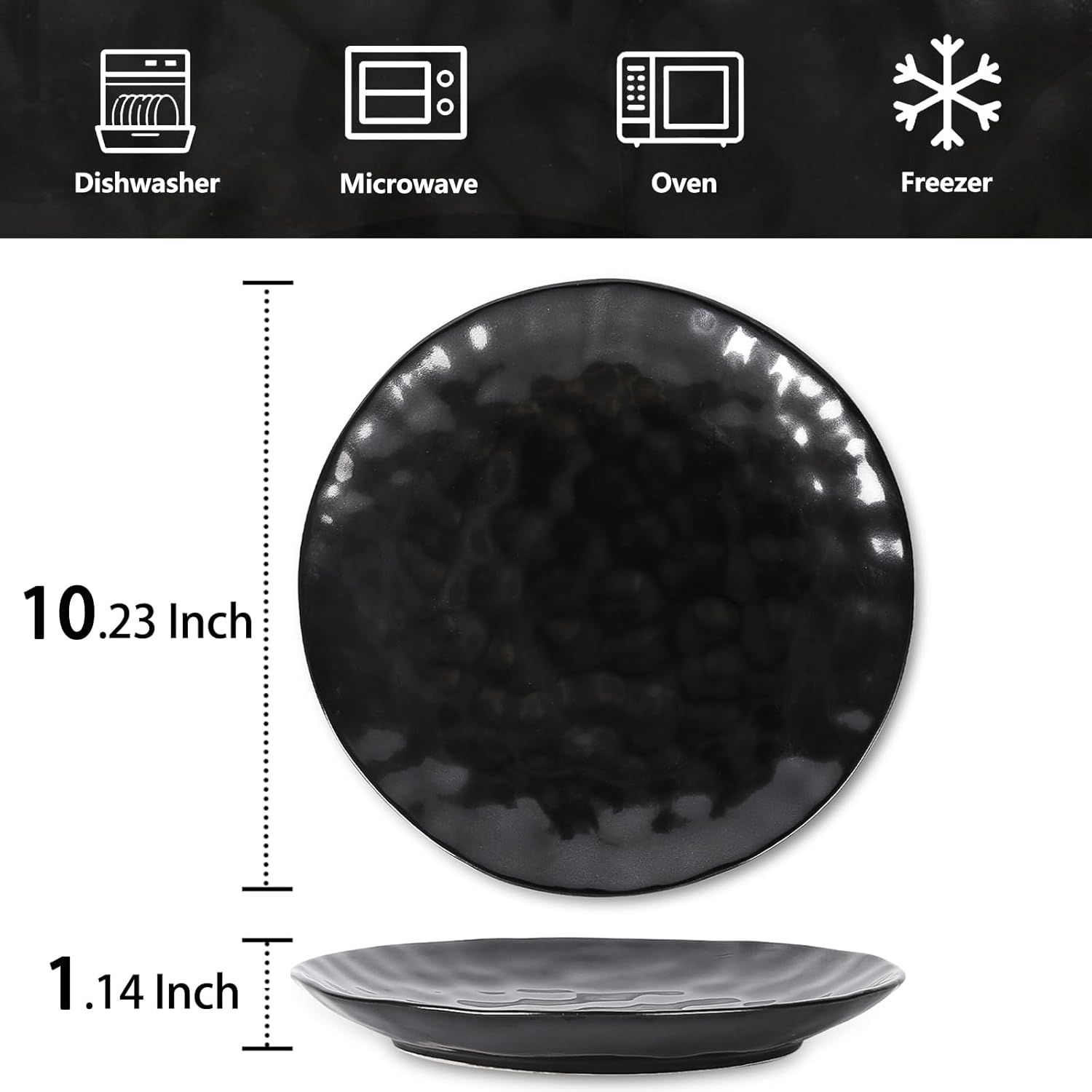 vicrays Ceramic Dinner Plates Set, 10 Inch, Microwave, Oven, Dishwasher Safe, Round, Porcelain Fluted Suitable for Steak, Pasta, Pizza, Home, Restaurant - Set of 6 Black