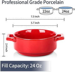 vicrays Ceramic Soup Bowls with Handles, 24 Oz Porcelain Soup Crocks for French Onion Soup, Cereal, Beef Stew, Chill, Pasta, Pot Pies, Microwave and Oven Safe, Set of 4 (Red)
