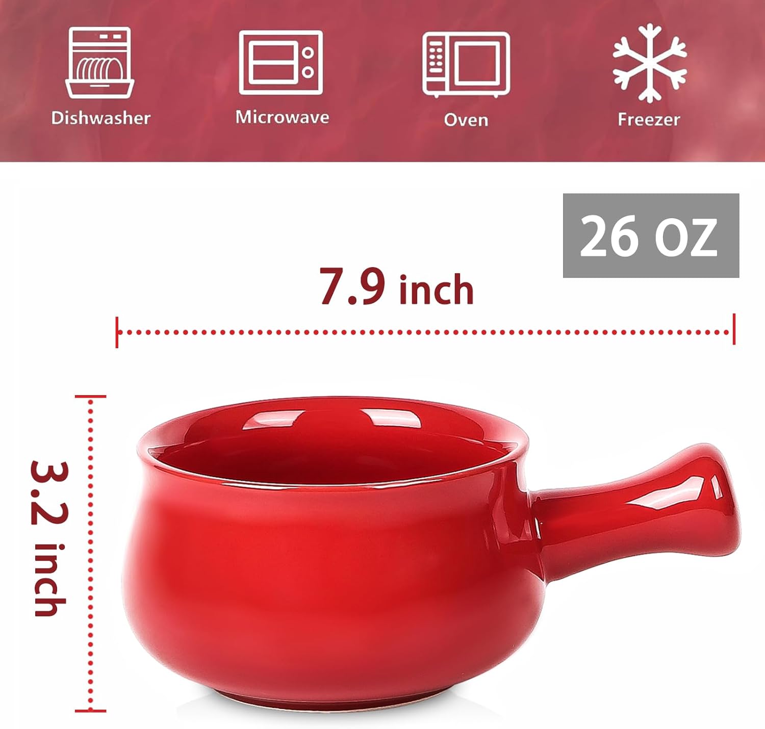 vicrays French Onion Soup Bowls With Handles, 26 Ounce for Soup, Chili, Beef Stew, Chip Resistant, Dishwasher Microwave Safe, Set of 4 (Red)