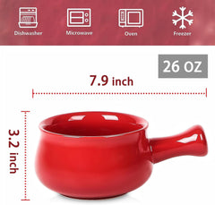 vicrays French Onion Soup Bowls With Handles, 26 Ounce for Soup, Chili, Beef Stew, Chip Resistant, Dishwasher Microwave Safe, Set of 4 (Red)
