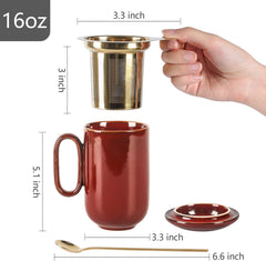 vicrays Ceramic Tea Mug Infuser - Large Cup 16 oz Hot Loose Steeping Handle Teacup with Leaf Infuser Spoon Lid - Tall Glazed Strainer Coffee Mug Microwave Safe - Cherry Red