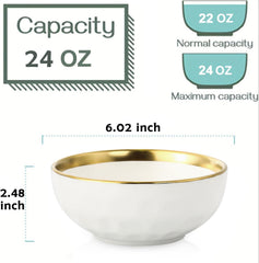 vicrays Ceramic Salad Bowls Set for Kitchen, Serving - 24 Ounce Soup Bowls, Pasta Bowls, Chip Resistant, Dishwasher Safe, NOT Microwave Safe, Fluted, Stoneware, Set of 6 (White with Golden)