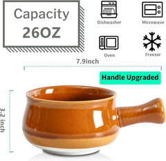 vicrays Französische Zwiebelsuppenschalen mit Griffen, 740 ml für Suppe, Chili, Gulasch, splitterfest, spülmaschinen- und mikrowellengeeignet, 4er-Set (Braun)